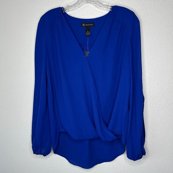 NWT INC Royal Blue VNeck Faux Wrap Long Sleeve High-Low Blouse XS - Picture 2 of 14